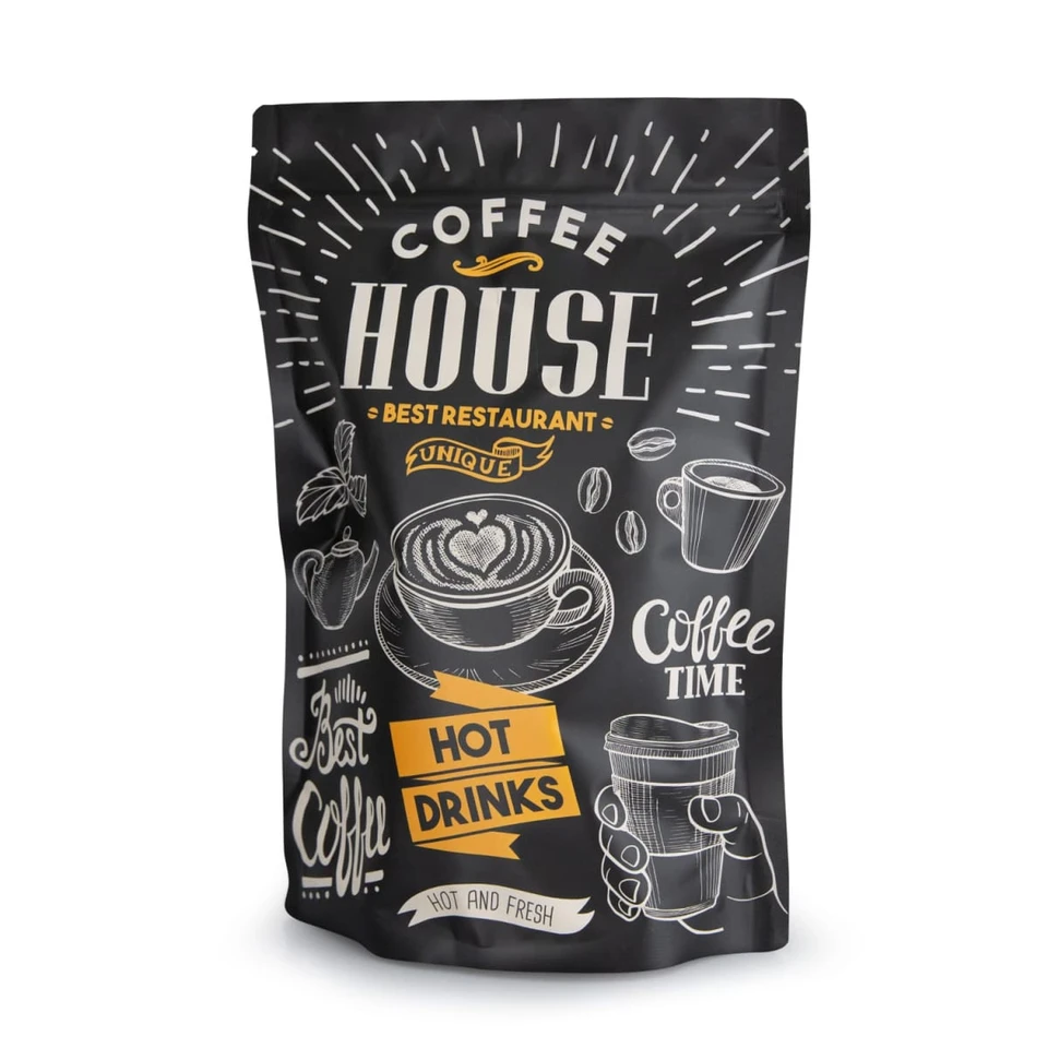 A large black foil stand-up pouch featuring coffee-themed graphics and a logo.