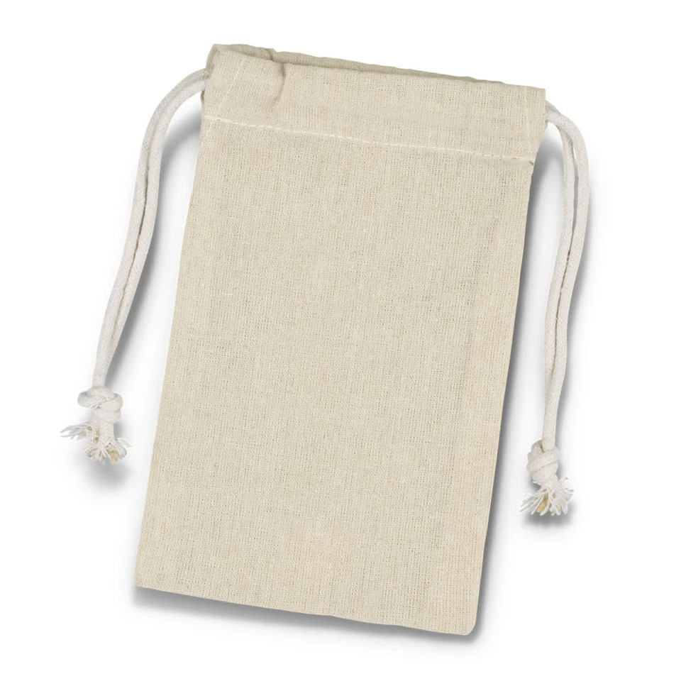 A small, cream cotton gift bag with drawstring ends and decorative tassels. It features a simple design and natural texture.