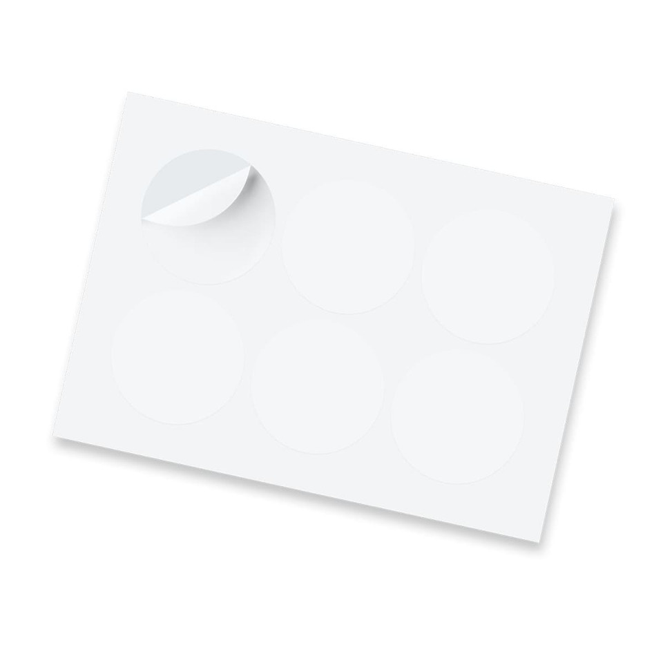 A sheet of glossy stickers featuring six 80mm circular blank stickers, with one corner slightly lifted.