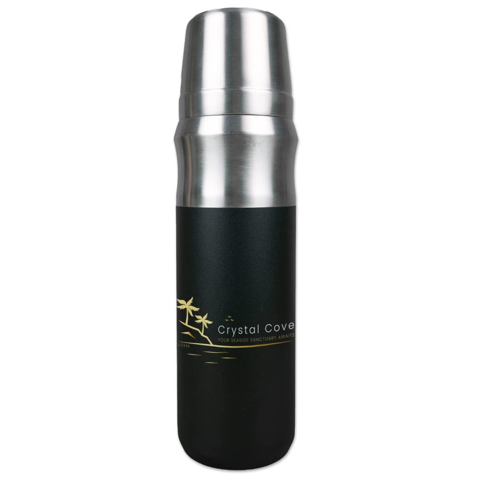 A drink bottle with a sleek black exterior and a silver metal top, featuring a logo design.