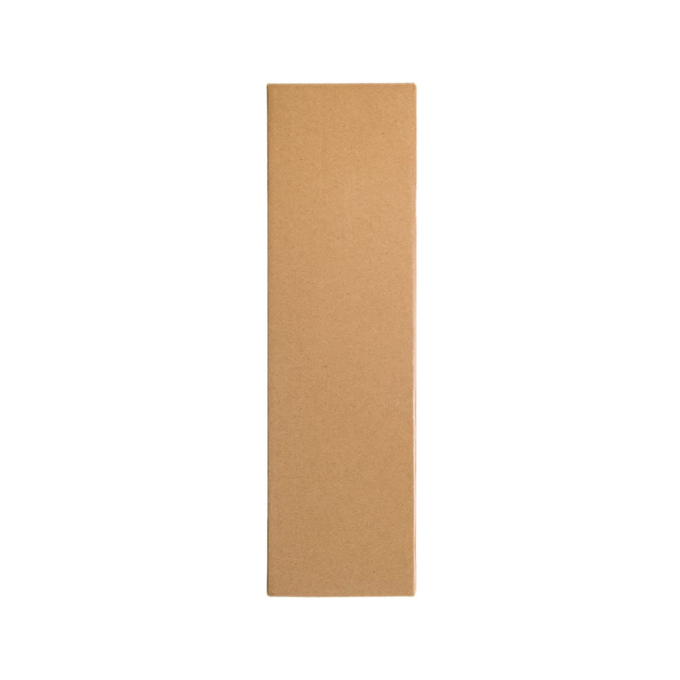 A drink bottle is packaged in a plain brown cardboard box, showcasing a rectangular shape and a minimalistic design.