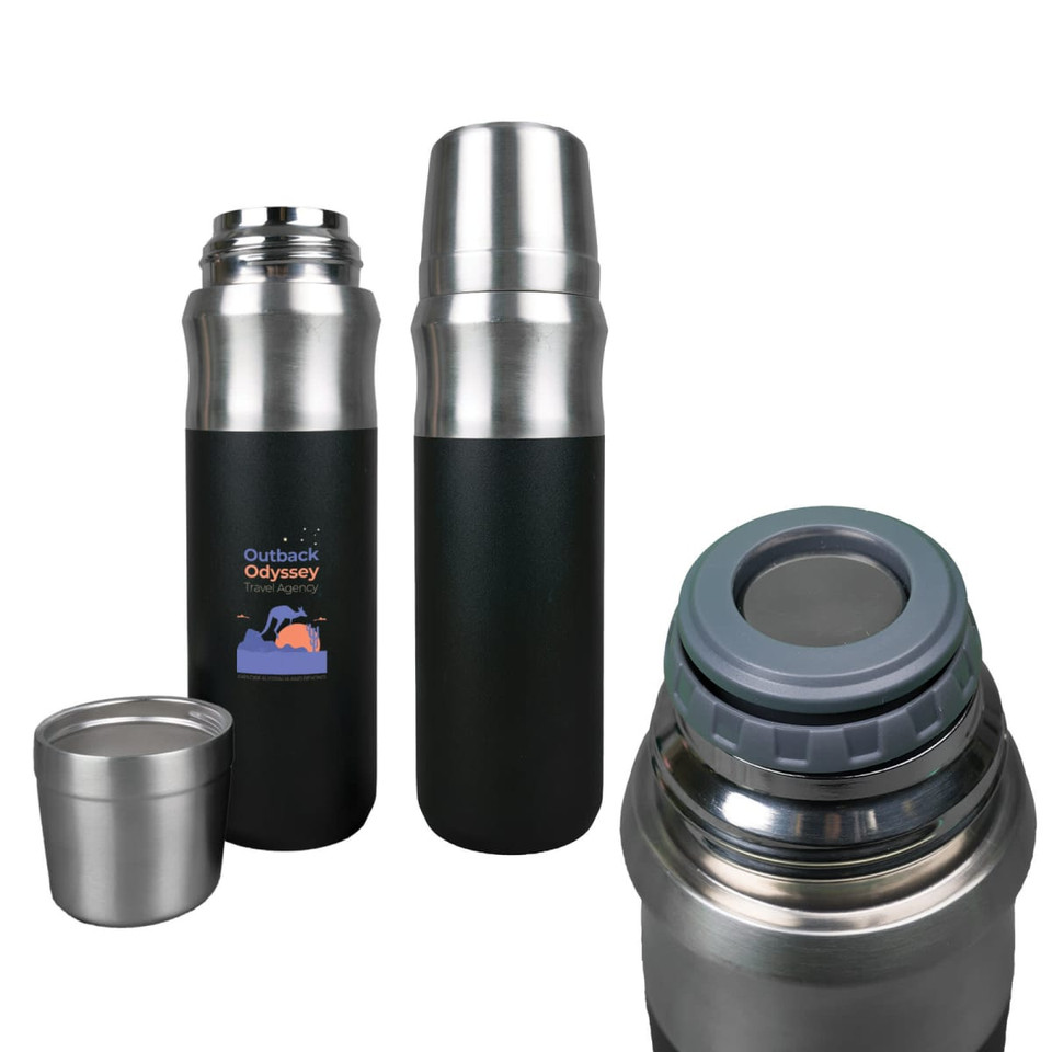 A drink bottle with a black body and stainless steel top, featuring a logo, accompanied by a small metallic cup.
