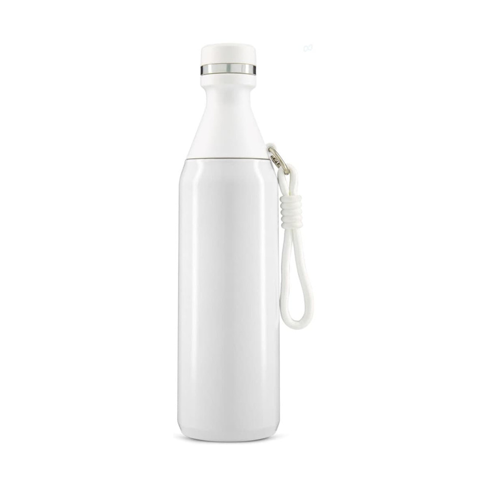 A drink bottle in white with a silver cap and a strap. It features a simple, sleek design and a logo.