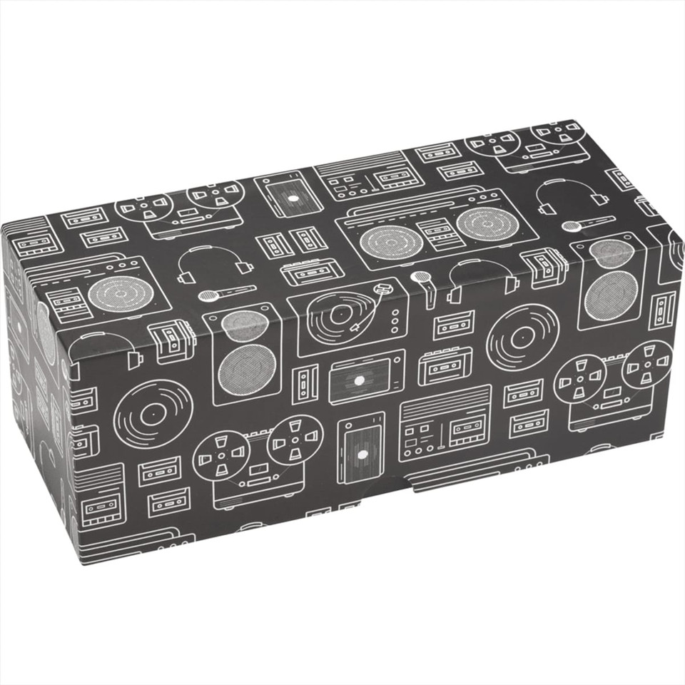 A black box with a pattern of various music and audio equipment illustrations, featuring a logo.