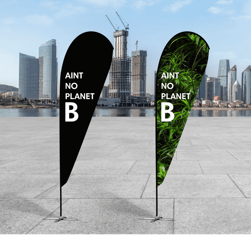 A black and green teardrop banner with a logo, featuring environmental themes, set against a cityscape background.