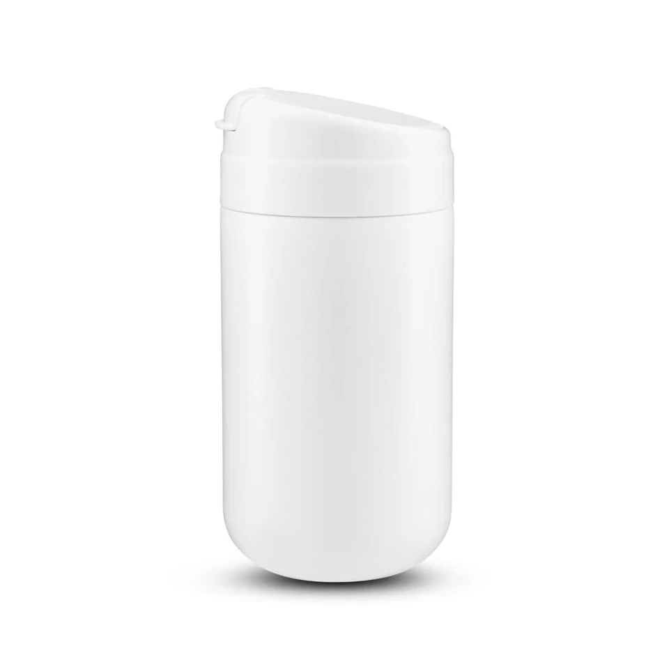 A white coffee cup with a lid and a simple design, featuring a logo on its surface.