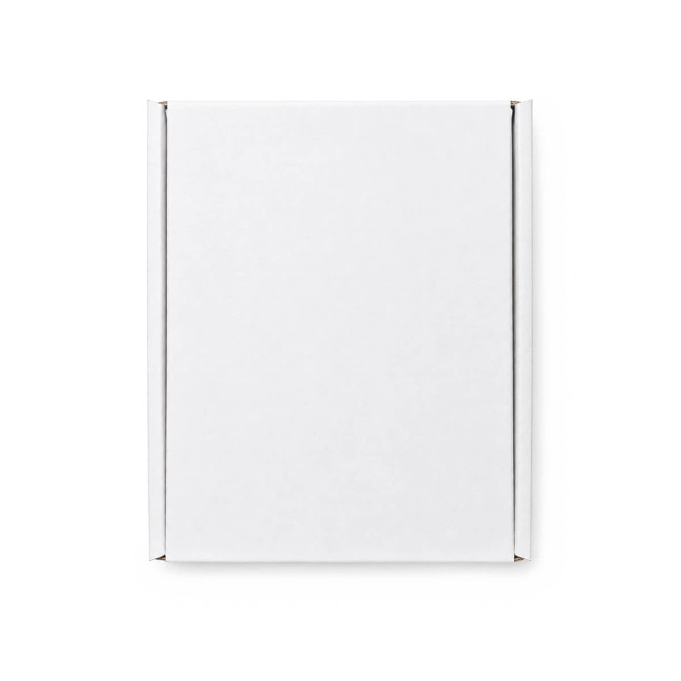 A white custom box with a locking lid, measuring 125 x 170 x 65mm, featuring a logo.