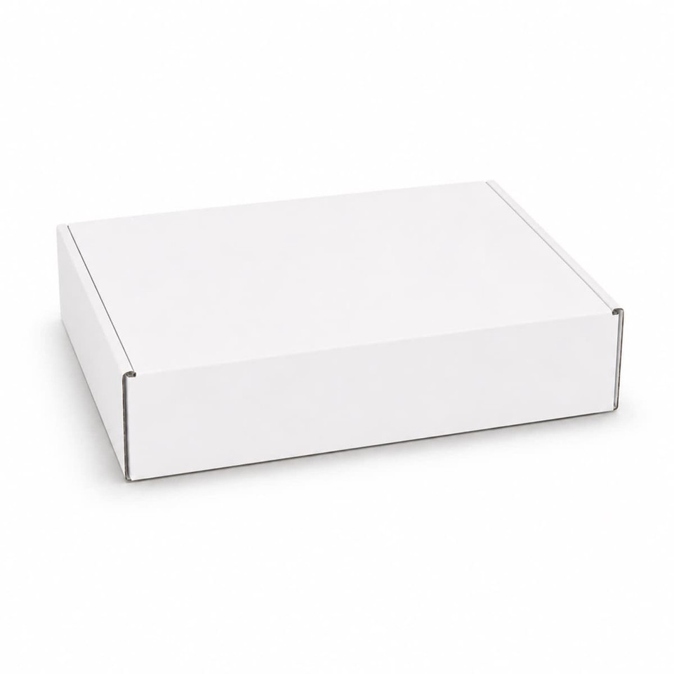 A white custom box with a locking lid, measuring 290 x 175 x 60mm, featuring a simple design.