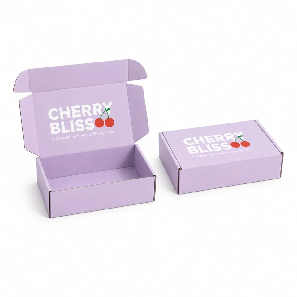 A purple custom box with a locking lid, featuring an inner box and a logo.