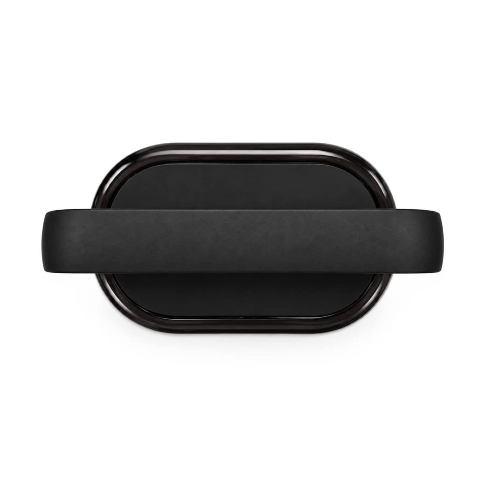 A black Bluetooth speaker with a sleek oval shape and a textured surface, featuring a logo on the side.