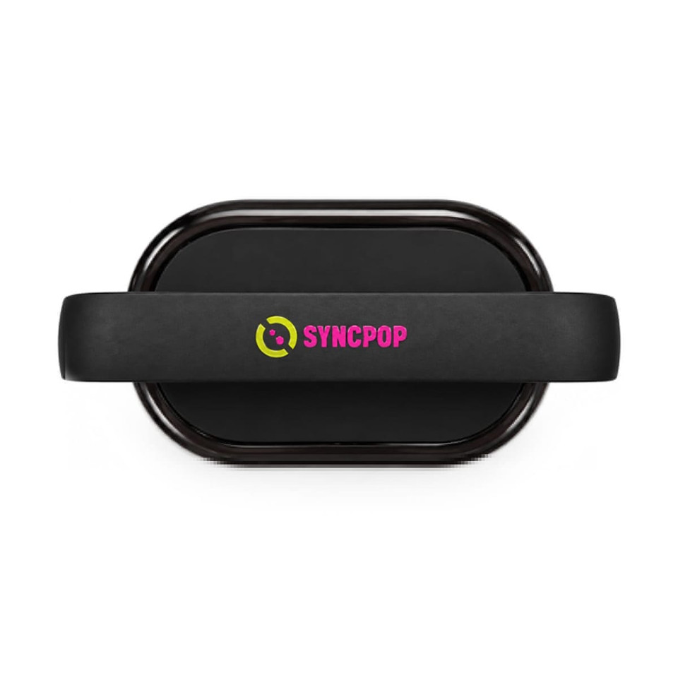 A black Bluetooth speaker with a curved design and a prominent logo.
