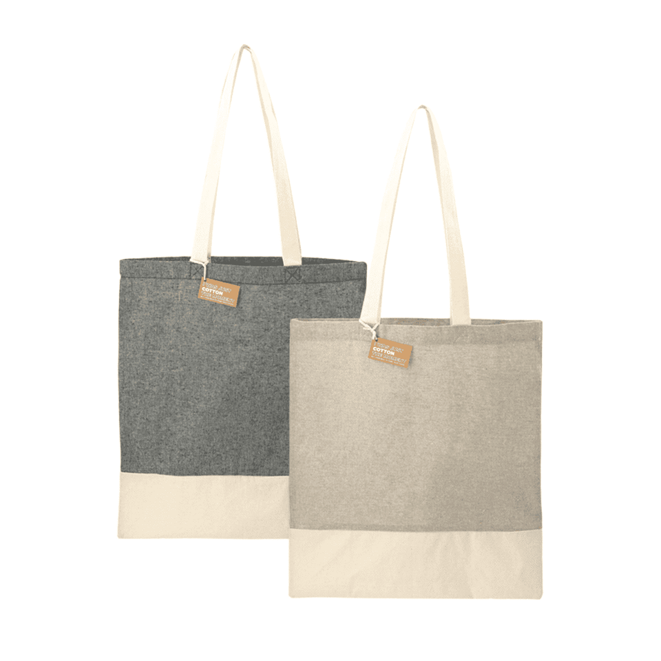 A grey and a beige tote bag made from recycled cotton twill, each featuring a branding tag.