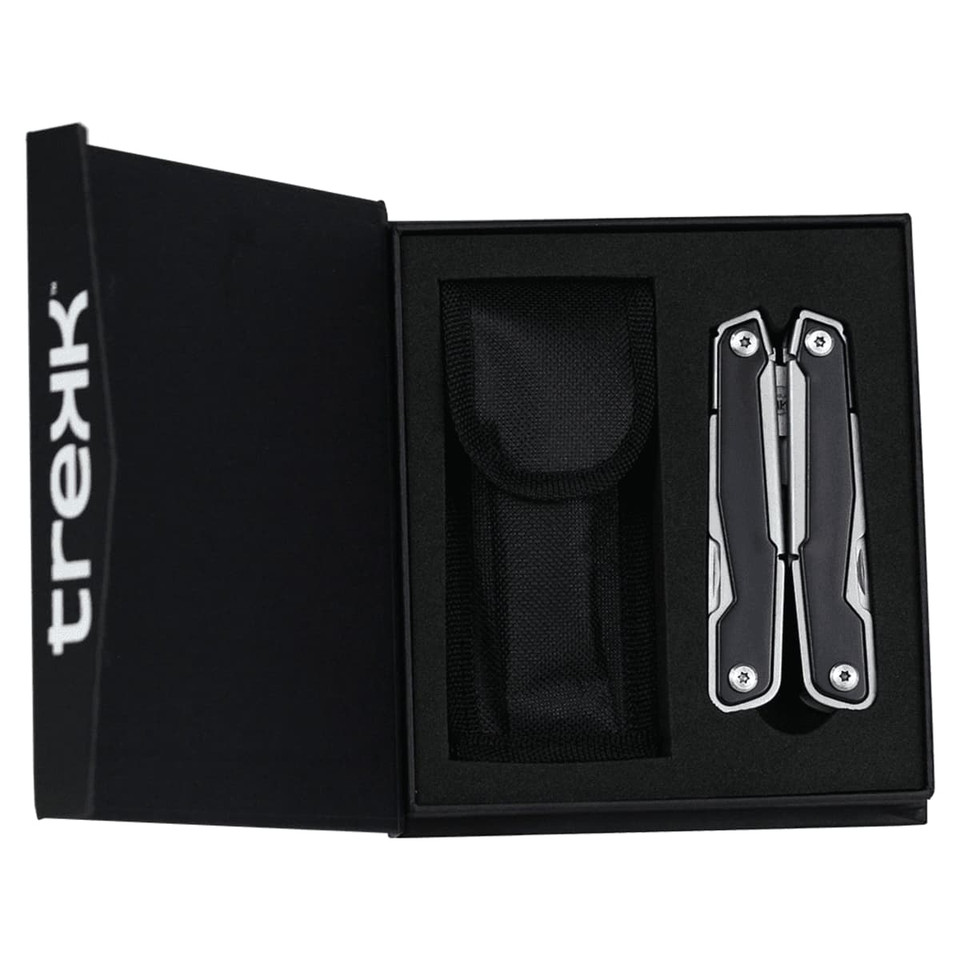 A multifunction tool in a black box, featuring a silver and black design, accompanied by a protective pouch.