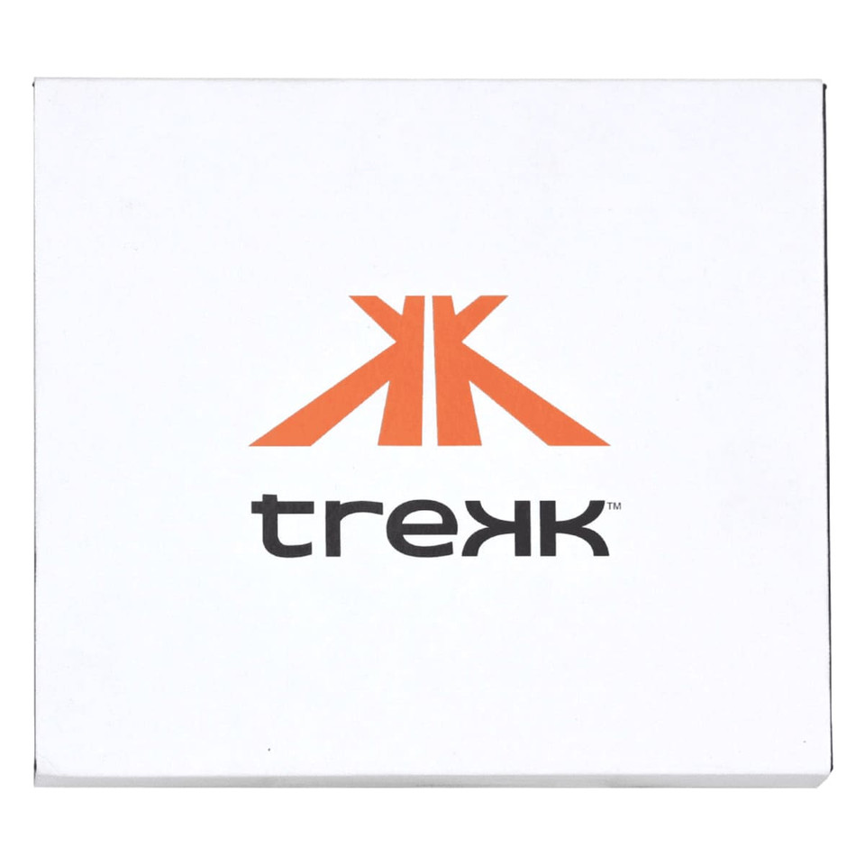 A white box featuring an orange logo and black text for the Trekk brand.