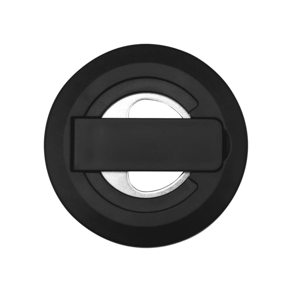A black recycled plastic magnetic phone stand featuring a bottle opener. It has a circular design with a metallic opener.