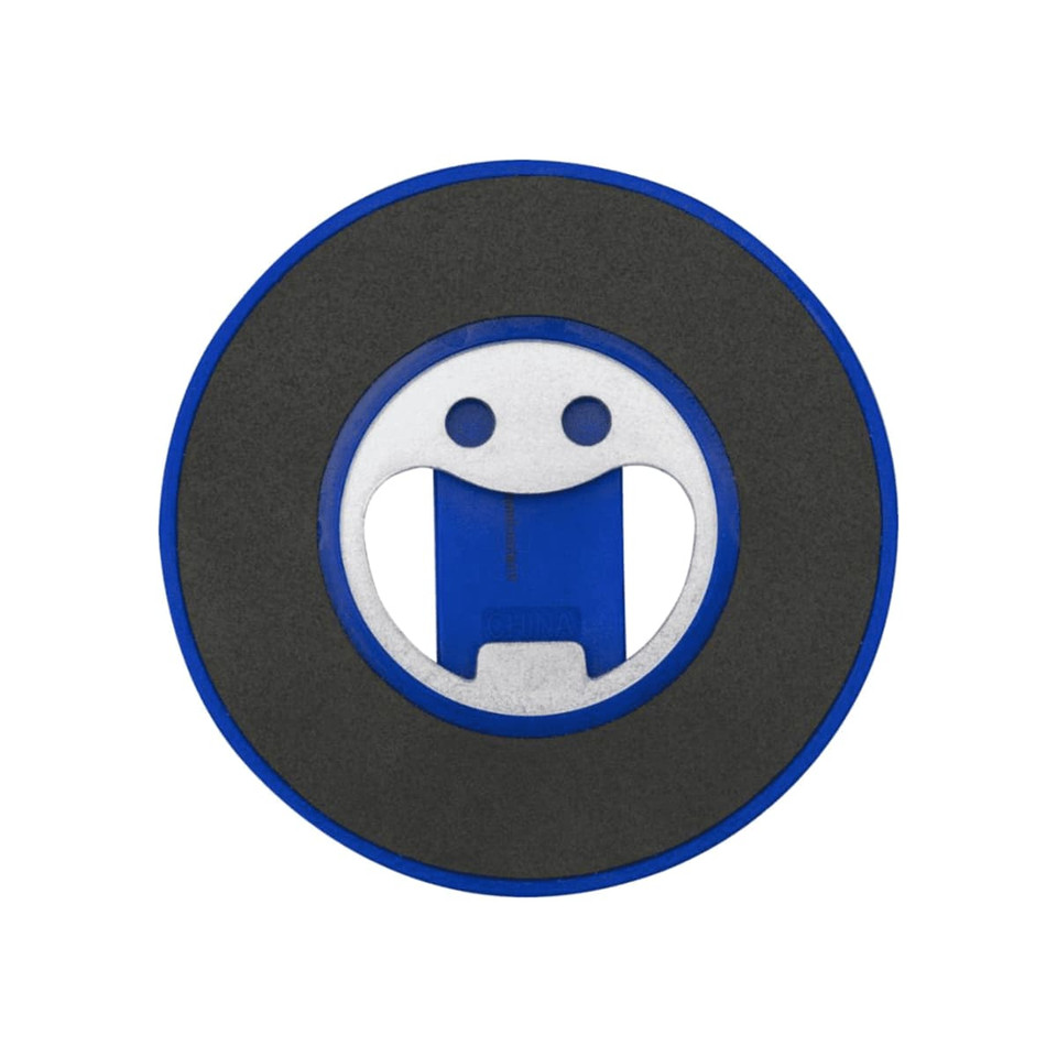 A drink bottle opener in blue and grey, featuring a magnetic phone stand and a smiling face design.