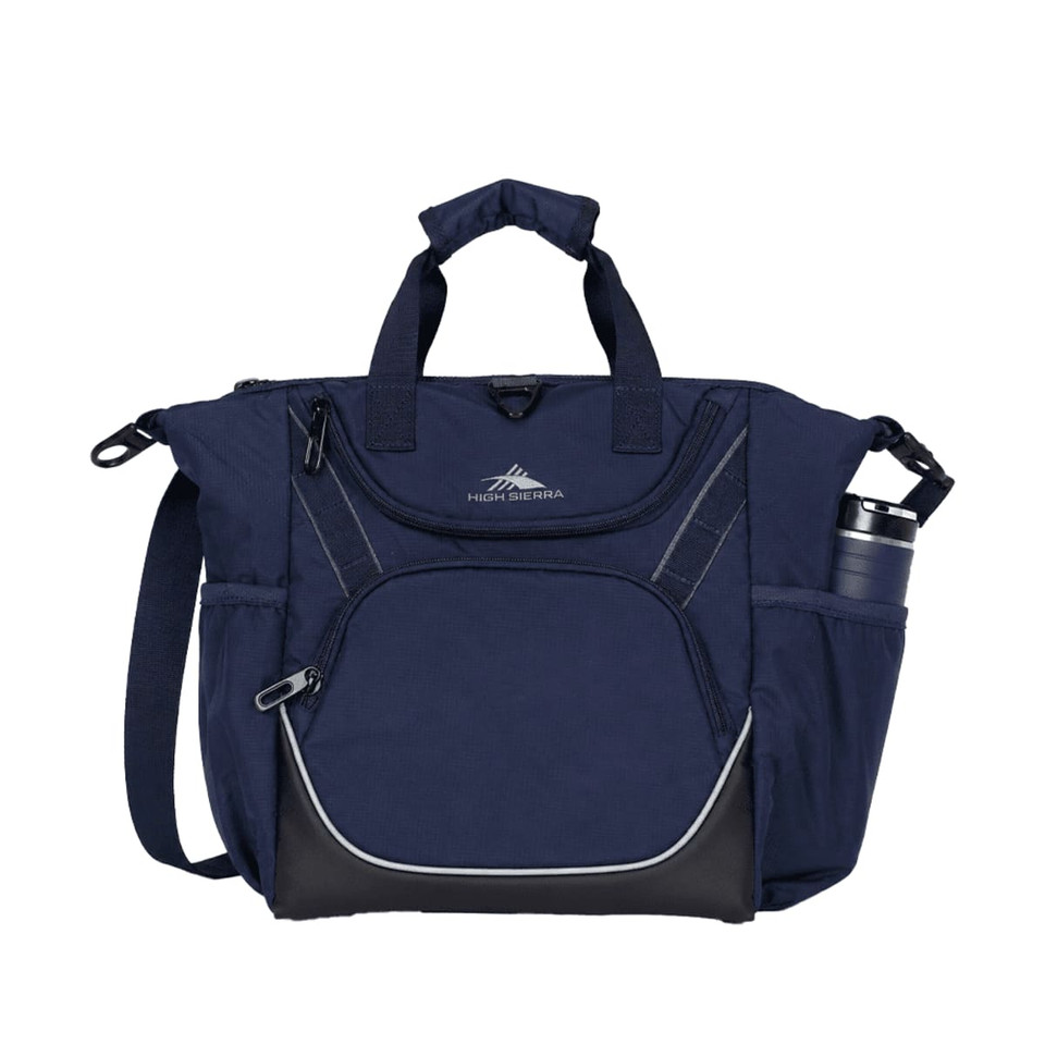 A navy cooler bag with multiple compartments, handles, a shoulder strap, and a drink bottle holder. It features a logo.