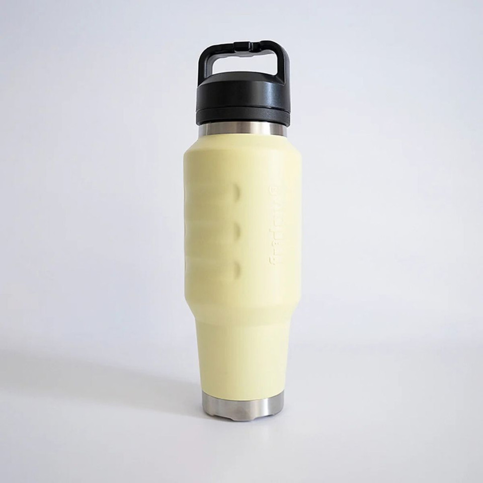 Front view of a pale yellow insulated 1L water bottle featuring a textured grip, stainless steel base accents, and an integrated carry-handle lid.