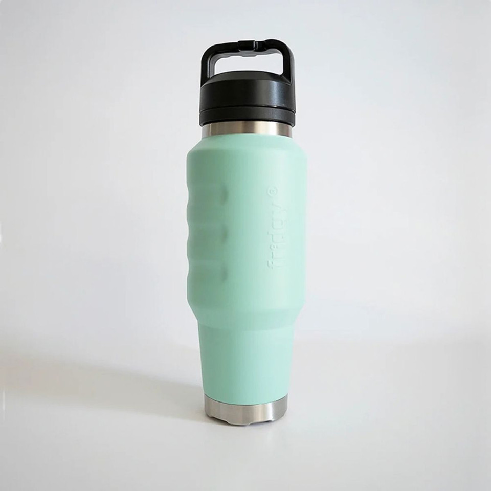 Side view of a mint green insulated 1L water bottle showcasing ergonomic finger-grip contours, a stainless steel base, and a carry-handle lid.