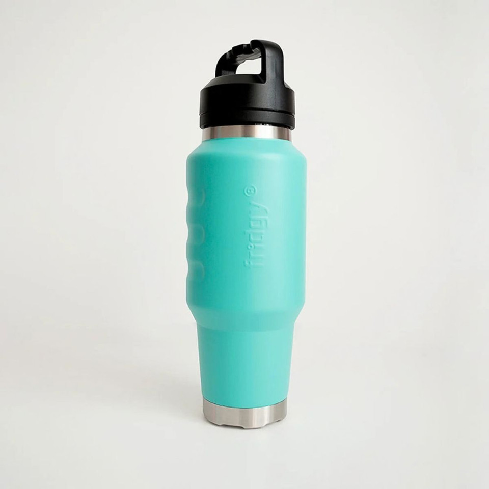 Front angled view of a turquoise insulated 1L water bottle featuring ergonomic finger-grip contours, a stainless steel base, and a carry-handle lid.