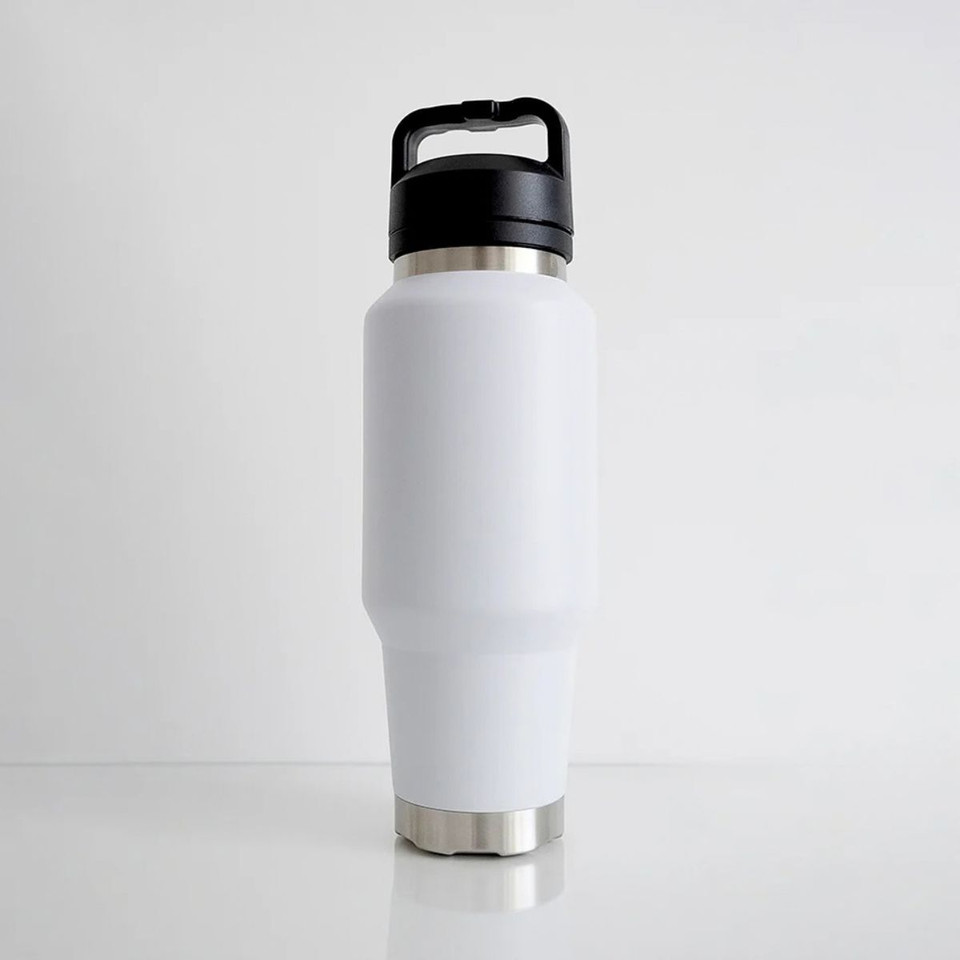 Front view of a white insulated 1L water bottle featuring a sleek minimalist design, stainless steel base accents, and an integrated carry-handle lid.