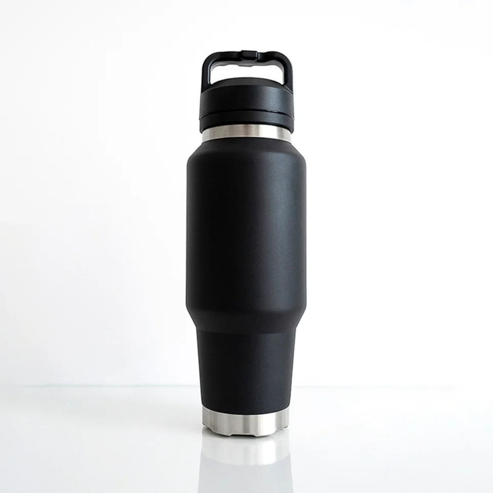 Front view of a matte black insulated 1L water bottle with a sleek tapered design, stainless steel base accents, and a carry-handle lid.