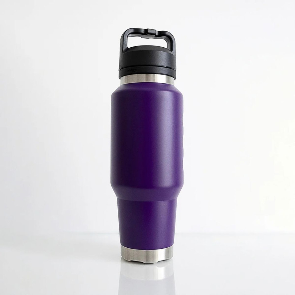 Front view of a deep purple insulated 1L water bottle with a sleek tapered design, stainless steel base accents, and a carry-handle lid.