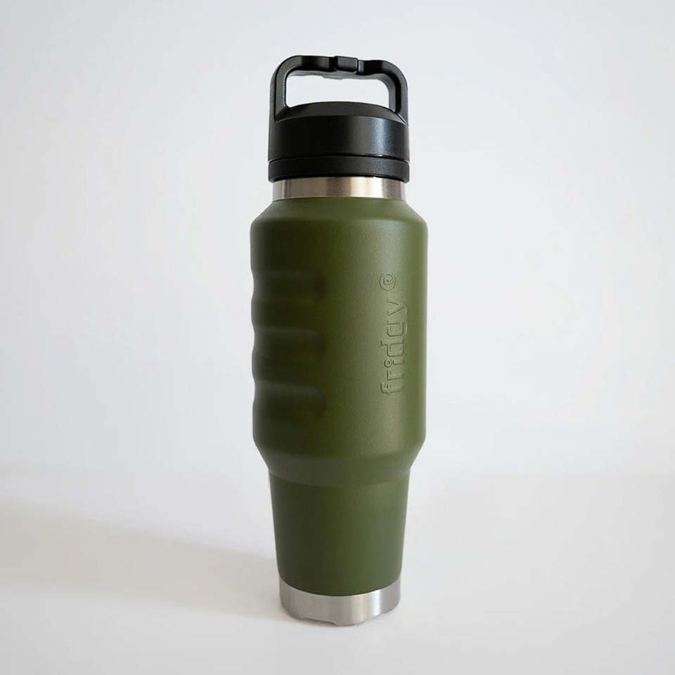 Angled front view of an olive green insulated 1L water bottle showcasing ergonomic finger-grip contours, a tapered design, and a secure carry-handle lid.