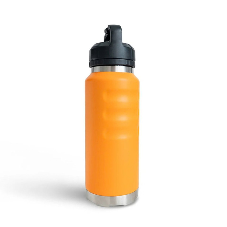 Front view of an orange insulated 1080ml water bottle with textured grip indents, a stainless steel base, and an integrated carry-handle lid.
