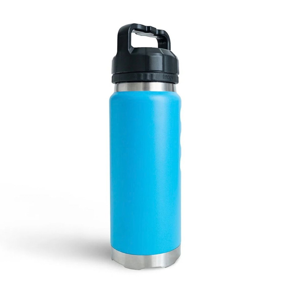 Side profile view of a bright blue insulated 1080ml water bottle with a smooth matte finish, stainless steel base accents, and an integrated carry-handle lid.