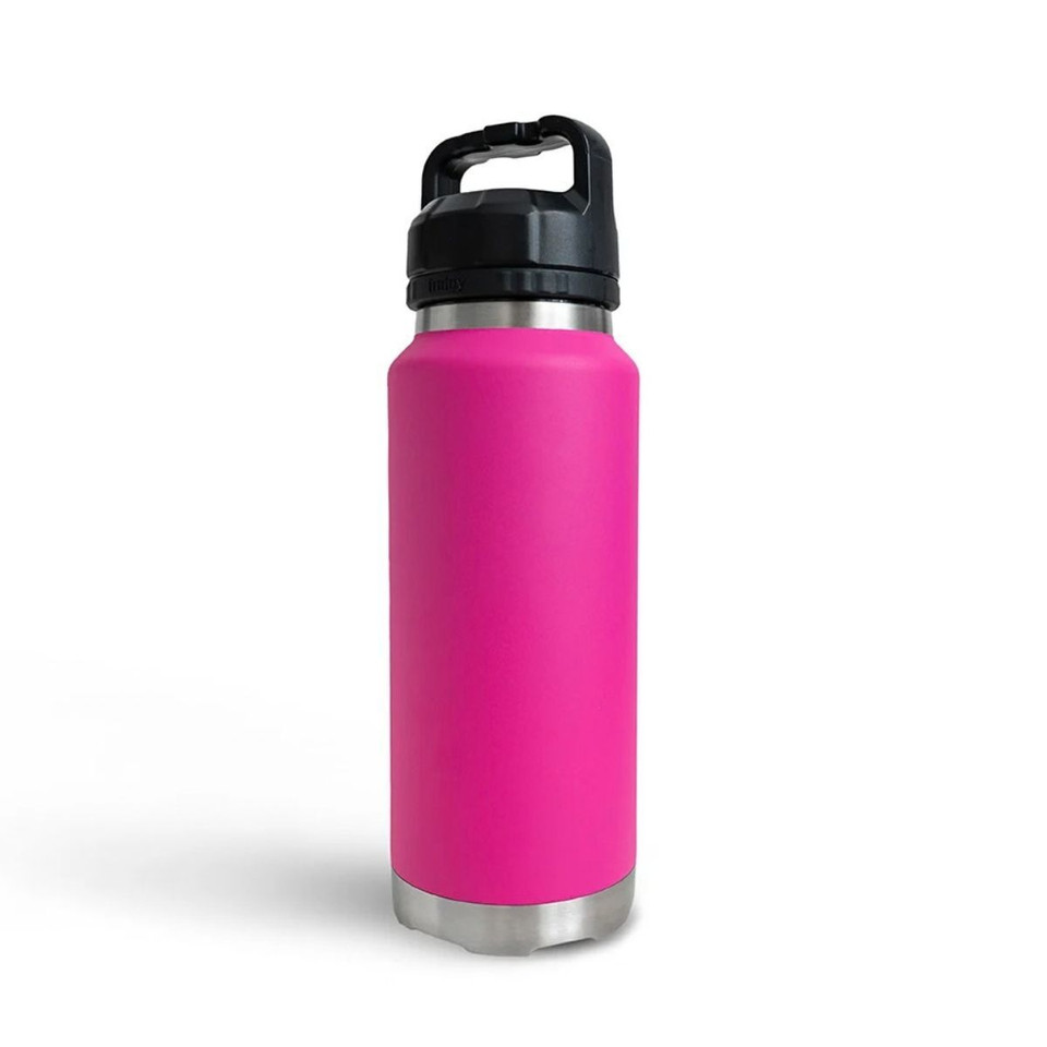 Rear view of a vibrant pink insulated 1080ml water bottle with a smooth matte finish, stainless steel base accents, and a secure carry-handle lid.