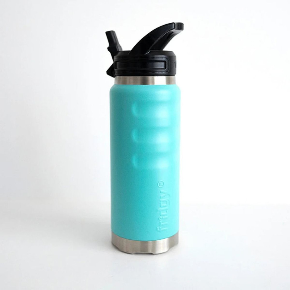 Front view of a turquoise insulated 1080ml water bottle with textured grip indents, a stainless steel base, an integrated drinking straw, and a flip-up carry-handle lid.