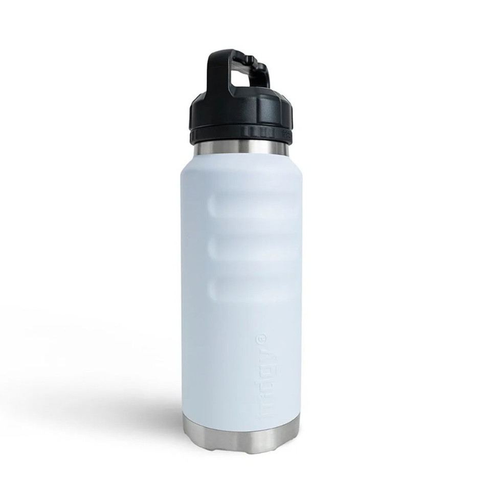 Front view of a white insulated 1080ml water bottle featuring ergonomic grip contours, embossed branding, a stainless steel base, and an integrated carry-handle lid.
