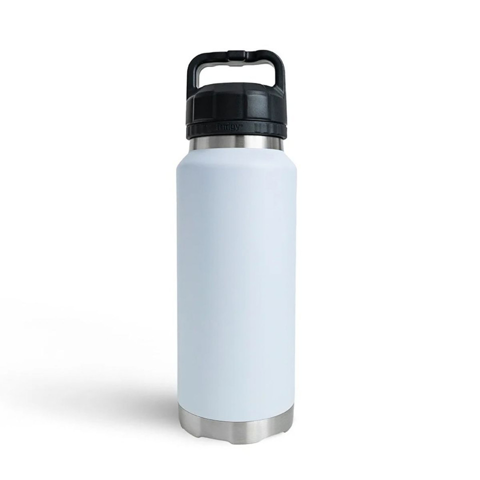 Rear view of a white insulated 1080ml water bottle with a smooth matte finish, stainless steel base accents, and a secure carry-handle lid.