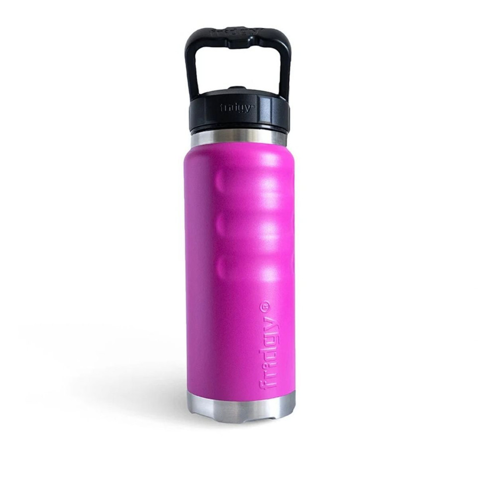 Front view of a vibrant pink fridgy® 780ml insulated water bottle showcasing ergonomic grip contours, embossed branding, a stainless steel base, and a large carry-handle lid.