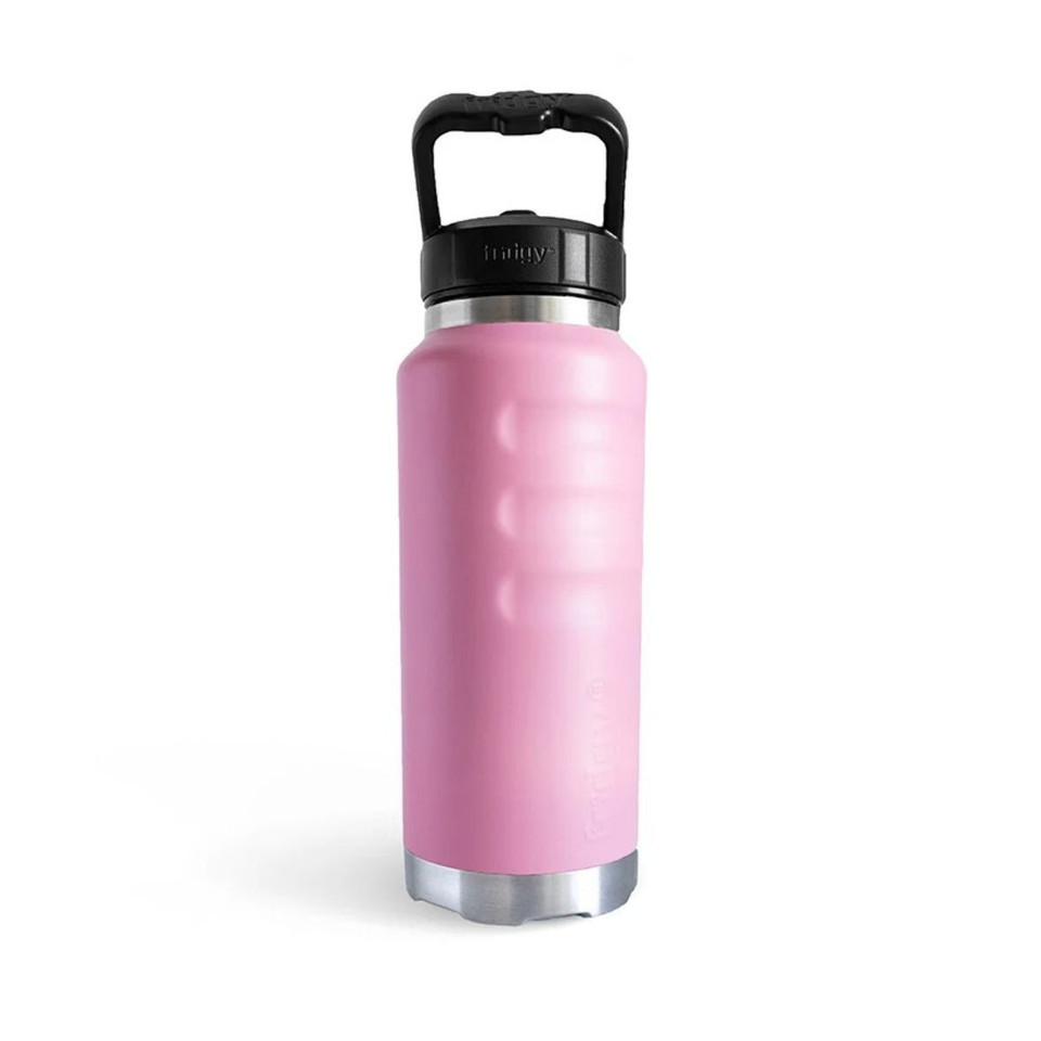 Front view of a light pink fridgy® 780ml insulated water bottle featuring ergonomic grip contours, embossed branding, a stainless steel base, and a large carry-handle lid.