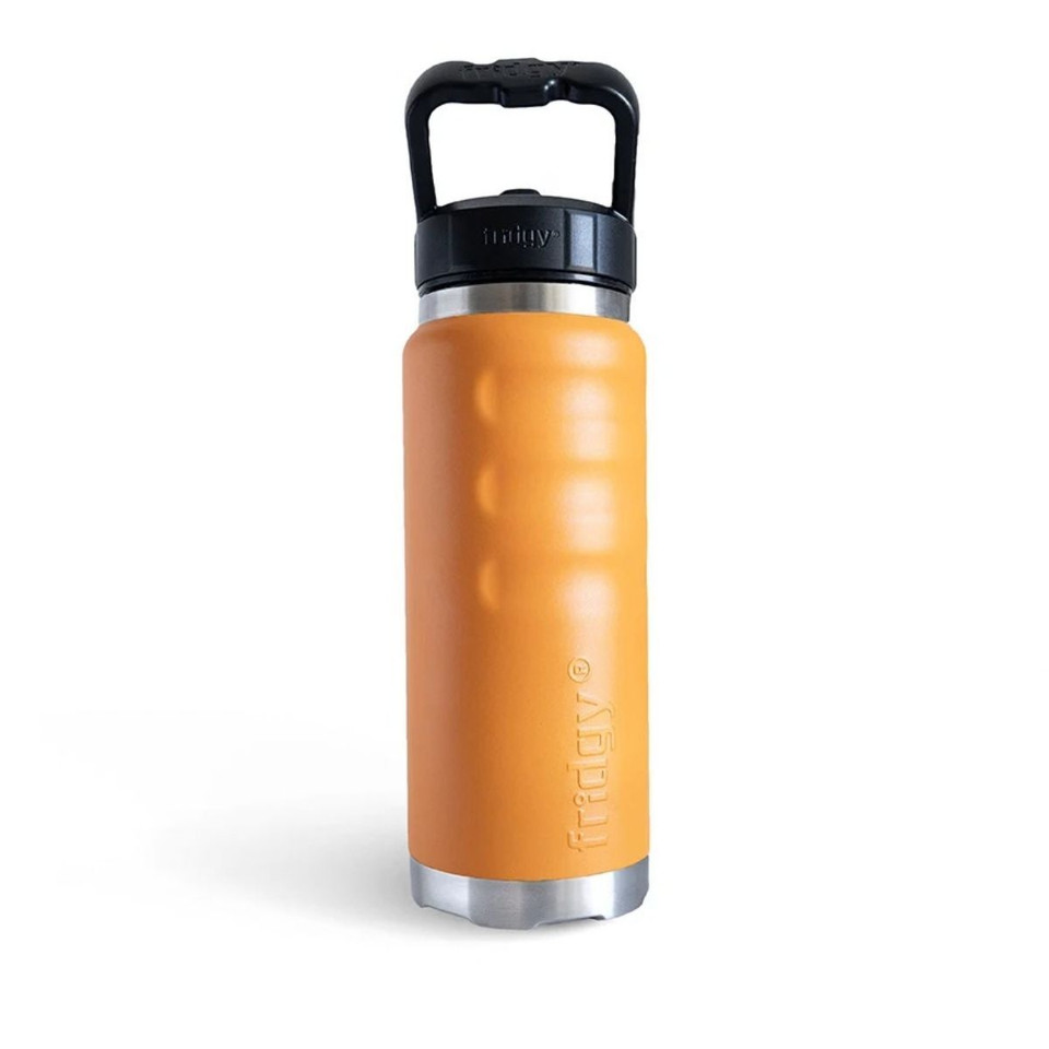 Front view of an orange fridgy® 780ml insulated water bottle showcasing ergonomic grip contours, embossed branding, a stainless steel base, and a large carry-handle lid.