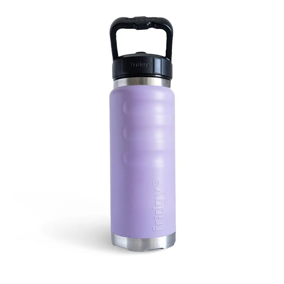 Front view of a lavender fridgy® 780ml insulated water bottle showcasing ergonomic grip contours, embossed branding, a stainless steel base, and a sturdy carry-handle lid.