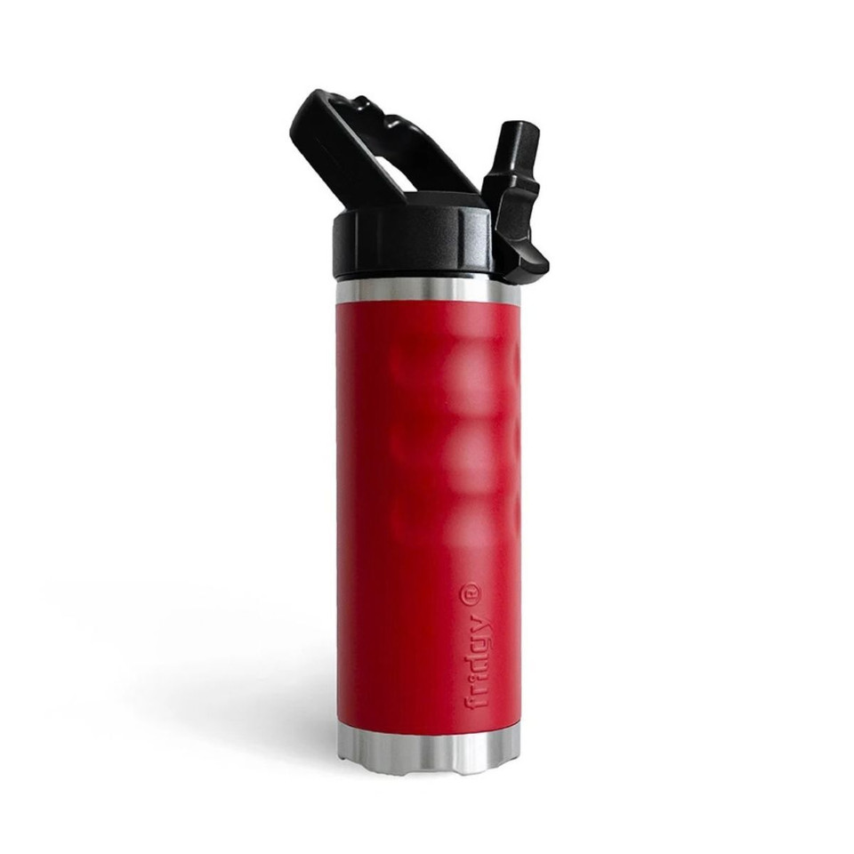 Angled side view of a red fridgy® 540ml insulated water bottle featuring a flip-up straw lid, ergonomic grip contours, embossed branding, and a stainless steel base.