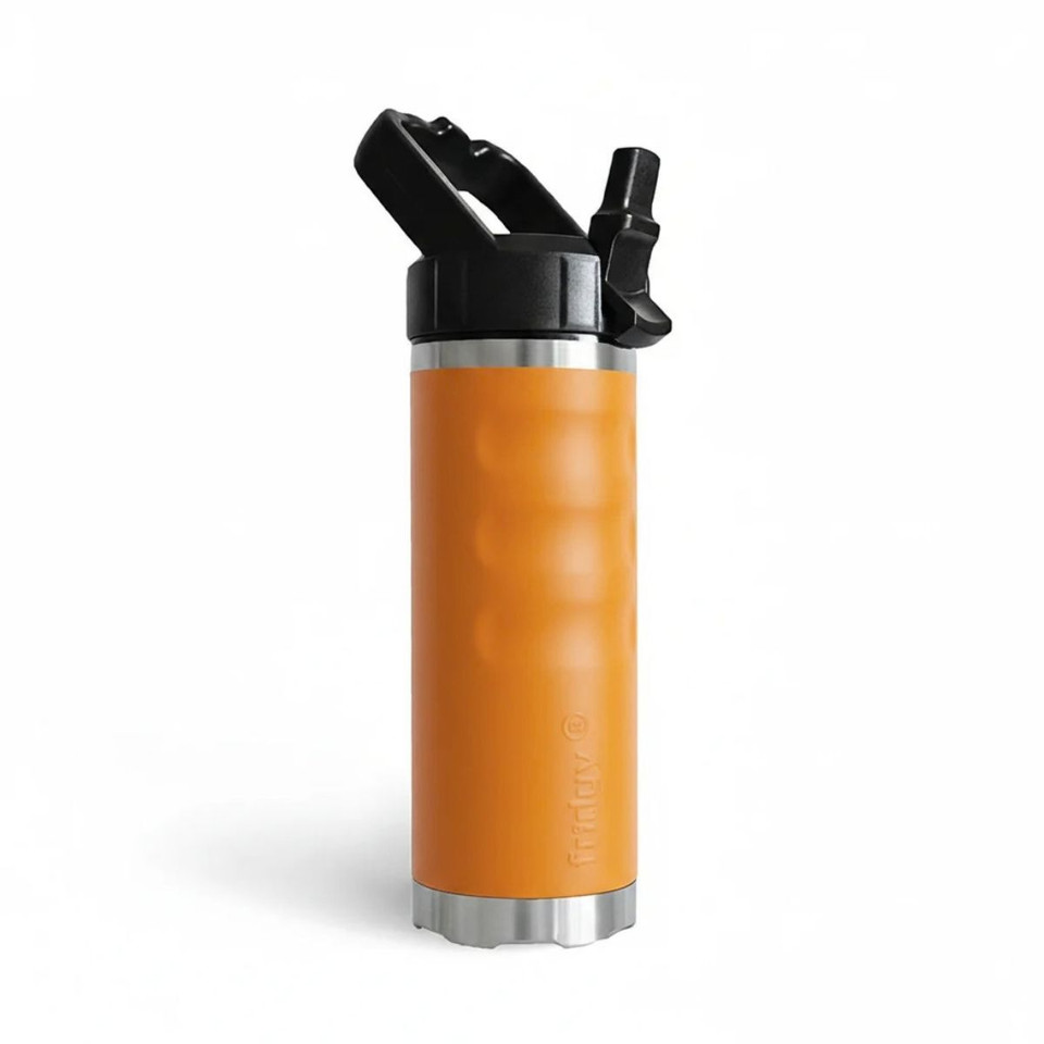 Angled side view of an orange fridgy® 540ml insulated water bottle with a flip-up straw lid, ergonomic grip contours, embossed branding, and a stainless steel base.