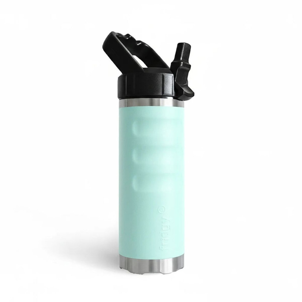 Angled side view of a mint green fridgy® 540ml insulated water bottle with a flip-up straw lid, ergonomic grip contours, embossed branding, and a stainless steel base.