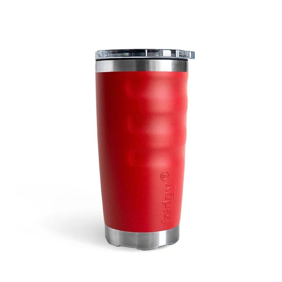 Front view of a red fridgy® 600ml insulated tumbler featuring ergonomic grip contours, embossed branding, a stainless steel base, and a clear push-on lid.