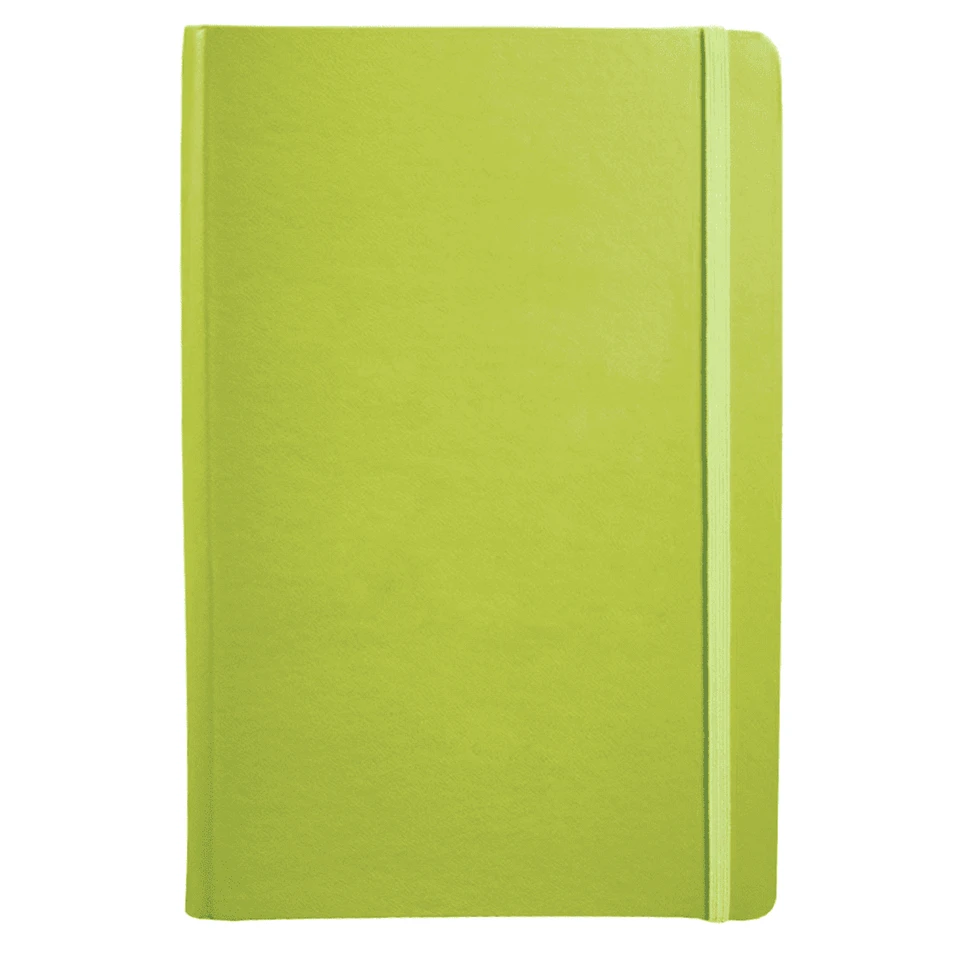 A green Ambassador Bound JournalBook with a smooth cover and an elastic closure. It features a simple design and branding.