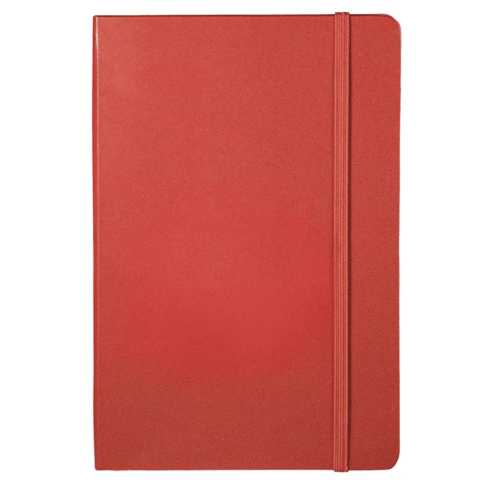 A red bound journal with an elastic closure, featuring a textured surface and a logo.
