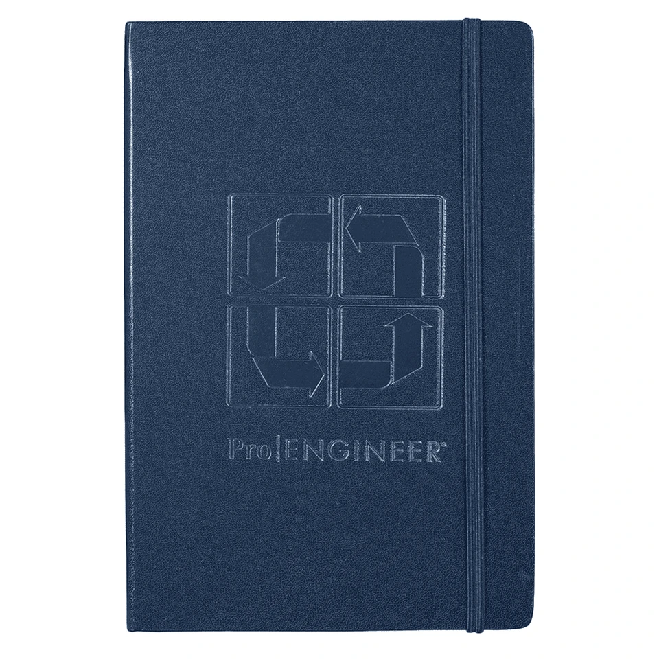 A navy blue journal with an embossed design and an elastic band closure, featuring a logo.