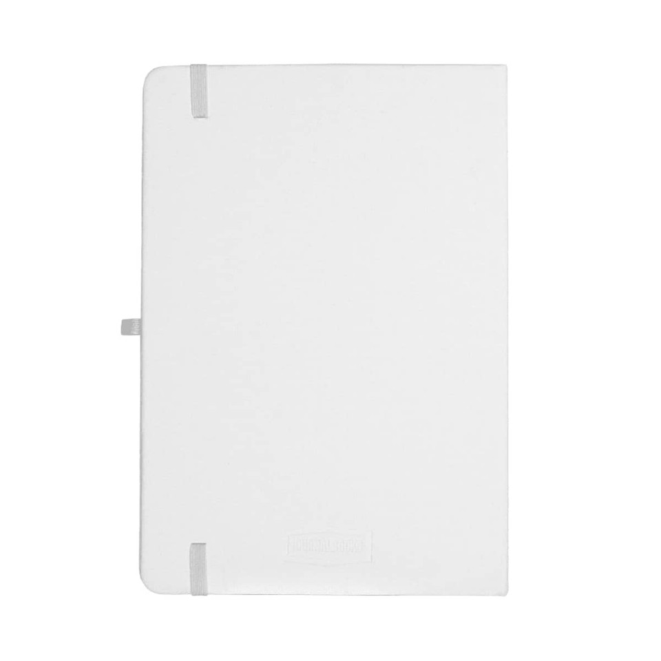 A recycled white A5 journal with a smooth cover and grey elastic closure, featuring a logo on the front.
