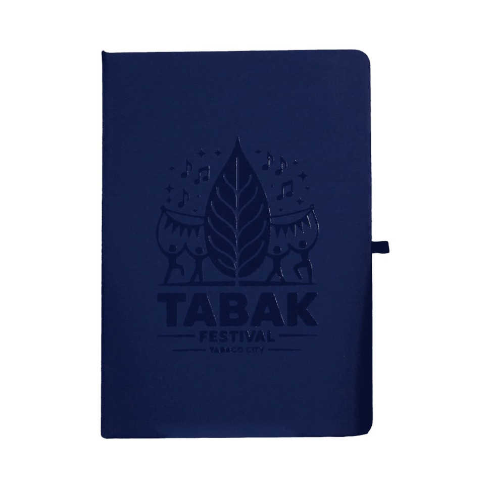 Navy blue A5 recycled journal with a logo on the cover, featuring a leaf and festival-themed graphics.