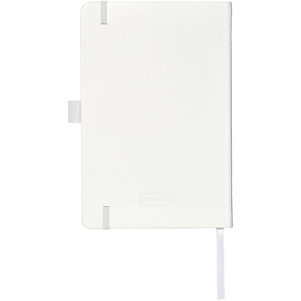 A white journal with a smooth cover, featuring a ribbon bookmark and an elastic closure; includes a logo.