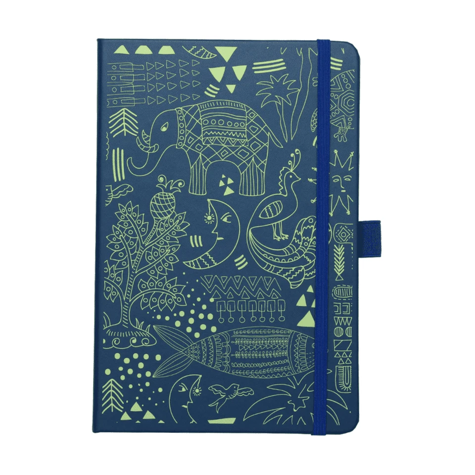 A navy blue journal with intricate green patterns featuring animals and plants, secured with a matching elastic band.