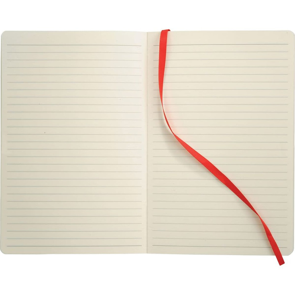 A soft bound journal with blank lined pages and a red ribbon bookmark in a neutral cover.